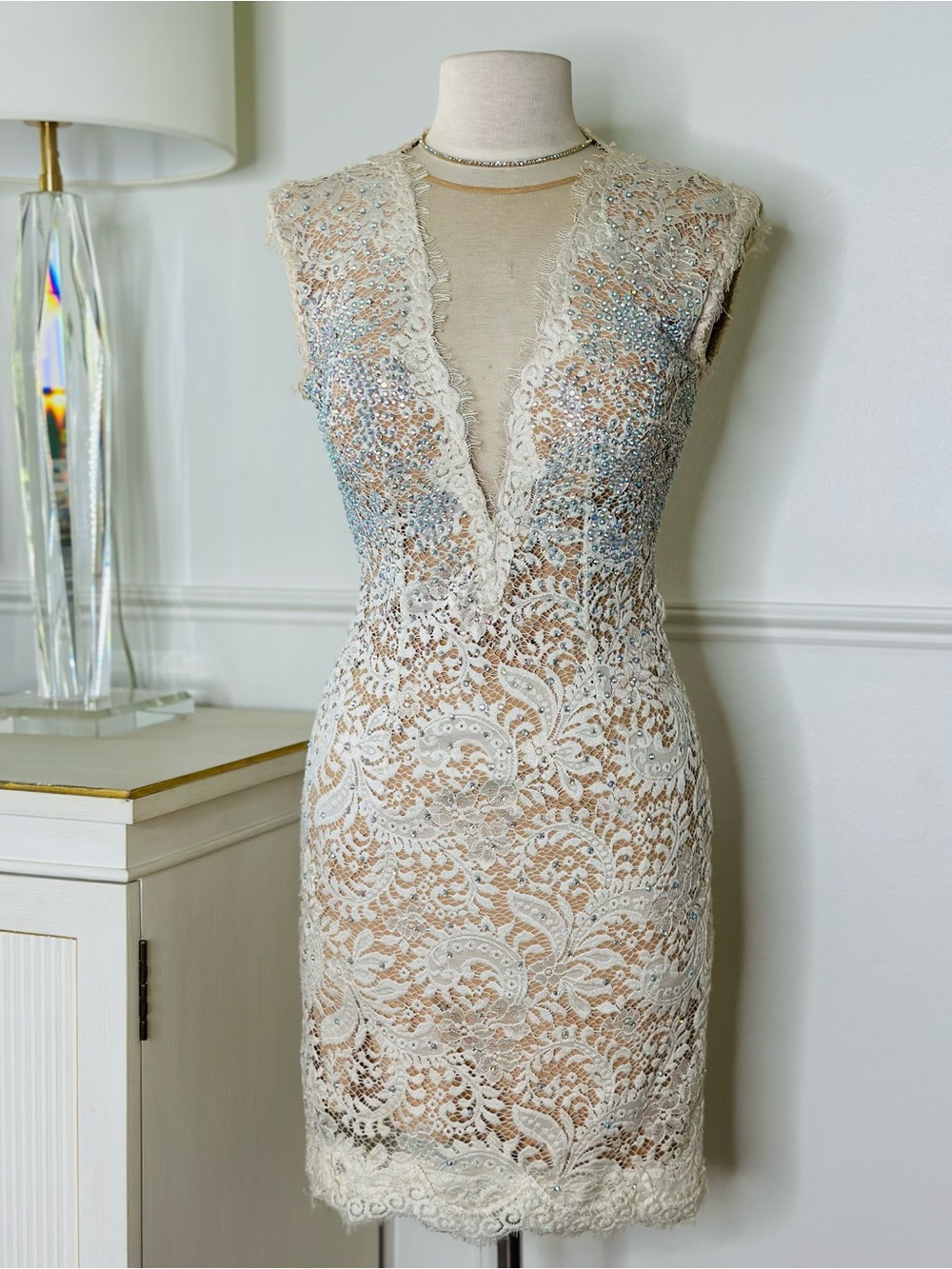 Jovani Bridal Ivory Lace Mini Dress with Beaded Accents